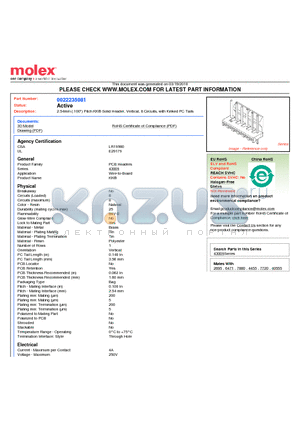 A-43009-0017 datasheet - 2.54mm (.100) Pitch KK^ Solid Header, Vertical, 8 Circuits, with Kinked PC Tails