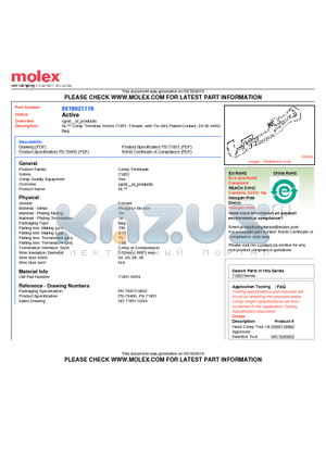 0016021116 datasheet - SL Crimp Terminal, Series 71851, Female, with Tin (Sn) Plated Contact, 24-30 AWG, Bag