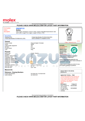 50226-7112 datasheet - Ring Tongue Terminal for 10 and 12 AWG, Closed Uninsulated Brazed Barrel, StudSize 8 (M4), Oxygen-Free Copper, Length 19.70mm (.776