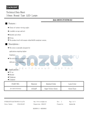 264-10SYGT-S530-E2 datasheet - 3.0mm Round Type LED Lamps