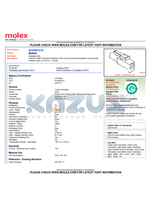 0019091016 datasheet - 2.36mm (.093) Diameter Standard .093 Pin and Socket Receptacle Housing With Positive Latch, UL 94V-0, 1 Circuit