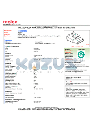 0019091046 datasheet - 2.36mm (.093) Diameter Standard .093 Pin and Socket Receptacle Housing With Positive Latch, UL 94V-0, 4 Circuits