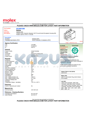 0019091096 datasheet - 2.36mm (.093) Diameter Standard .093 Pin and Socket Receptacle Housing With Positive Latch,UL 94V-0, 9 Circuits