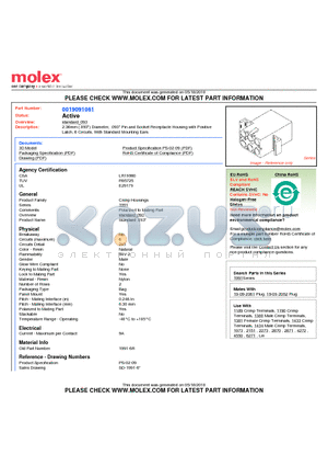 0019091061 datasheet - 2.36mm (.093) Diameter, .093 Pin and Socket Receptacle Housing with Positive Latch, 6 Circuits, With Standard Mounting Ears