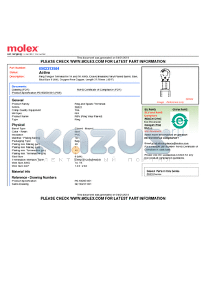 50231-3584 datasheet - Ring Tongue Terminal for 14 and 16 AWG, Closed Insulated Vinyl Flared Barrel, BlueStud Size 8 (M4), Oxygen-Free Copper, Length 21.10mm (.831