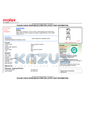 50232-3543 datasheet - Ring Tongue Terminal for 10 and 12 AWG, Closed Insulated Vinyl Flared BarrelYellow, Stud Size 8 (M4), Oxygen-Free Copper, Length 26.60mm (1.047