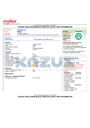 502307-0112 datasheet - CTX150 Female Terminal, Tin (Sn), 18-20 AWG D-Wind, Left Payoff, Grip Code M