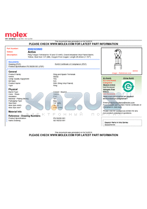 50232-3603 datasheet - Ring Tongue Terminal for 10 and 12 AWG, Closed Insulated Vinyl Flared Barrel Yellow, Stud Size 1/4