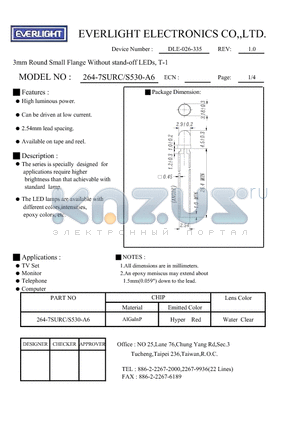 264-7SURC/S530-A6 datasheet - 3mm Round Small Flange Without stand-off LEDs, T-1