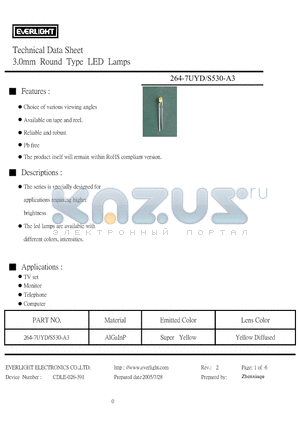 264-7UYD/S530-A3 datasheet - 3.0mm Round Type LED Lamps