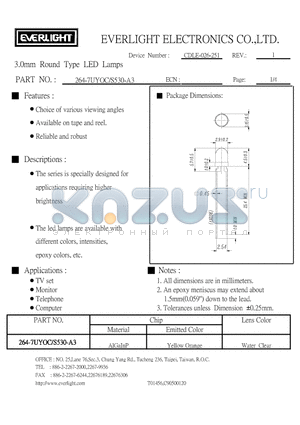 264-7UYOC/S530-A3 datasheet - 3.0mm  Round  Type  LED  Lamps