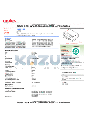 0022011082 datasheet - 2.50mm (.098) Pitch KK^ Wire-to-Board Housing, Female, Friction Lock, for 2759/5159 Crimp Terminals, 8 Circuits