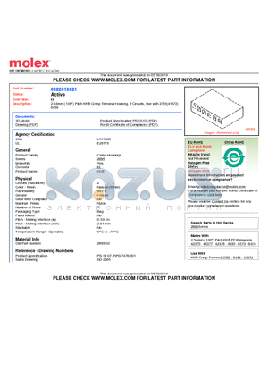 0022012021 datasheet - 2.54mm (.100) Pitch KK^ Crimp Terminal Housing, 2 Circuits, Use with 2759|41572|6459