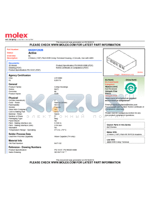 0022012026 datasheet - 2.54mm (.100) Pitch KK^ Crimp Terminal Housing, 2 Circuits, Use with 4809