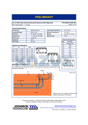2650AT43A0100 datasheet - 2.6~2.7GHz Chip Antenna (Ground Clearance Not Required)