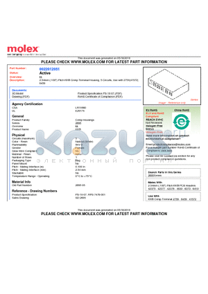 0022012051 datasheet - 2.54mm (.100) Pitch KK^ Crimp Terminal Housing, 5 Circuits, Use with 2759|41572|6459