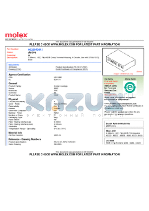 0022012041 datasheet - 2.54mm (.100) Pitch KK^ Crimp Terminal Housing, 4 Circuits, Use with 2759|41572|6459