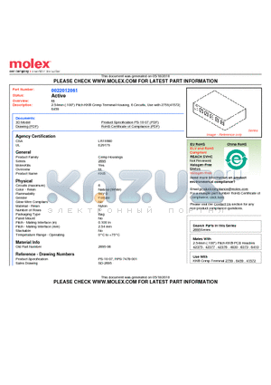 0022012061 datasheet - 2.54mm (.100) Pitch KK^ Crimp Terminal Housing, 6 Circuits, Use with 2759|41572|6459