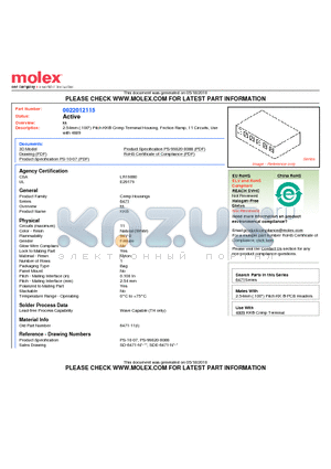 0022012115 datasheet - 2.54mm (.100) Pitch KK^ Crimp Terminal Housing, Friction Ramp, 11 Circuits, Use with 4809