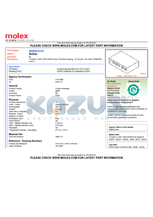 0022012131 datasheet - 2.54mm (.100) Pitch KK^ Crimp Terminal Housing, 13 Circuits, Use with 2759|6459|41572