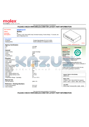0022012177 datasheet - 2.54mm (.100) Pitch KK^ Crimp Terminal Housing, Friction Ramp, 17 Circuits, Use with 2759|6459|41572