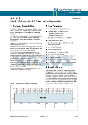 AS1113 datasheet - 50mA, 16-Channel LED Driver with Diagnostics