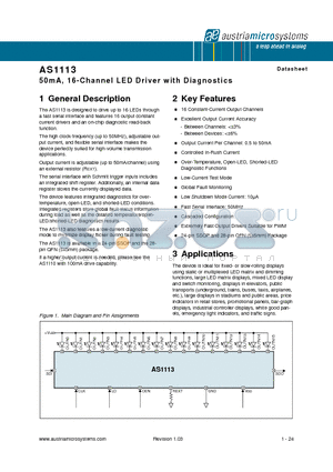 AS1113-BSST datasheet - 50mA, 16-Channel LED Driver with Diagnostics