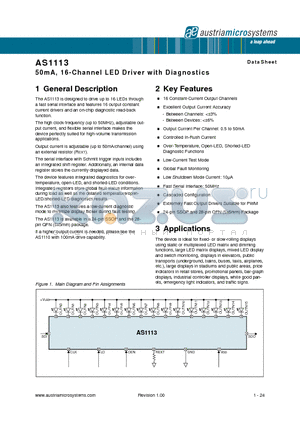 AS1113-BQFT datasheet - 50mA, 16-Channel LED Driver with Diagnostics