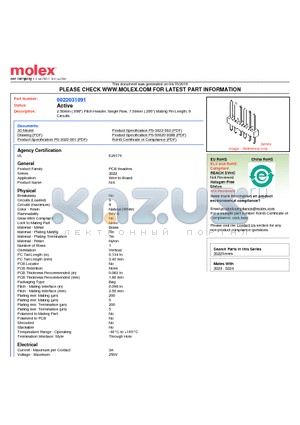 0022031091 datasheet - 2.50mm (.098) Pitch Header, Single Row, 7.50mm (.295) Mating Pin Length, 9 Circuits