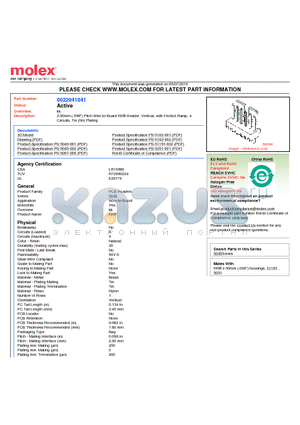 0022041041 datasheet - 2.50mm (.098) Pitch Wire-to-Board KK^ Header, Vertical, with Friction Ramp, 4 Circuits, Tin (Sn) Plating