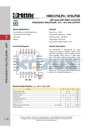 370LP4E datasheet - SMT GaAs HBT MMIC x4 ACTIVE FREQUENCY MULTIPLIER, 14.4 - 16.4 GHz OUTPUT