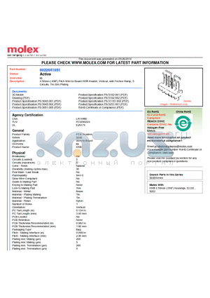 0022041051 datasheet - 2.50mm (.098) Pitch Wire-to-Board KK^ Header, Vertical, with Friction Ramp, 5 Circuits, Tin (Sn) Plating