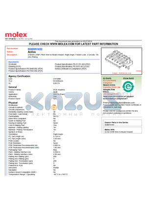 0022051032 datasheet - 2.50mm (.098) Pitch Wire-to-Board Header, Right Angle, Friction Lock, 3 Circuits, Tin (Sn) Plating