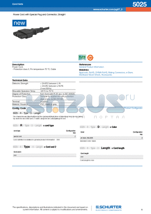 5025 datasheet - Power Cord with Special Plug and Connector, Straight