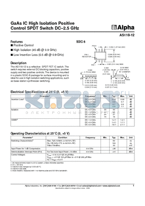 AS118-12 datasheet - GaAs IC High Isolation Positive Control SPDT Switch DC-2.5 GHz