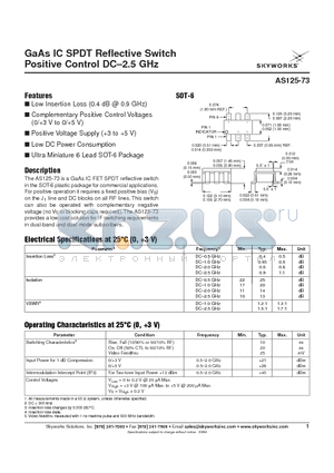 AS125-73 datasheet - GaAs IC SPDT Reflective Switch Positive Control DC-2.5 GHz