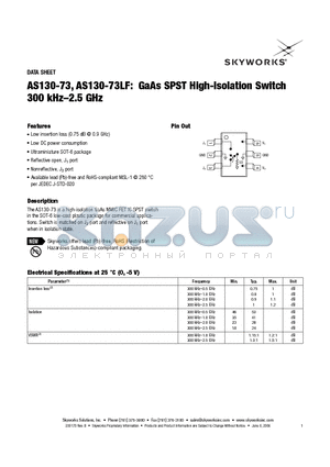AS130-73LF datasheet - GaAs SPST High-Isolation Switch 300 kHz-2.5 GHz