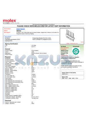 0022102201 datasheet - 2.54mm (.100) Pitch KK^ Wire-to-Board Header, Single Row, Vertical, 20 Circuits, PA Polyamide Nylon, Gold (Au) Plating