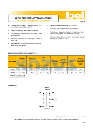 2662K2 datasheet - HIGH FREQUENCY MAGNETICS T1/E1 Single Through Hole Transformers