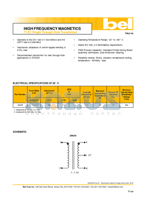 2662N datasheet - HIGH FREQUENCY MAGNETICS T1/E1 Single Through Hole Transformer