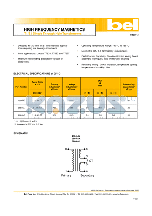 2664AK datasheet - HIGH FREQUENCY MAGNETICS T1/E1 Single Through Hole Transformers