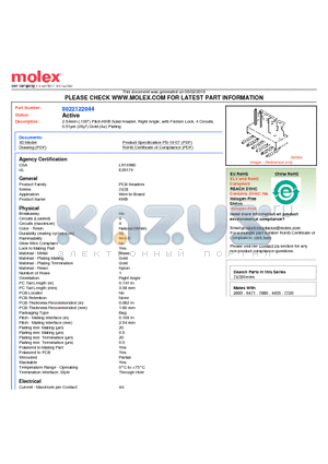 0022122044 datasheet - 2.54mm (.100) Pitch KK^ Solid Header, Right Angle, with Friction Lock, 4 Circuits, 0.51lm (20l) Gold (Au) Plating