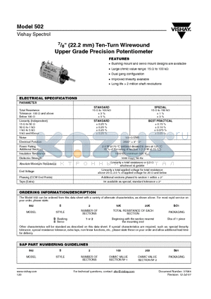 502B110K20KBO1 datasheet - 7/8 (22.2 mm) Ten-Turn Wirewound Upper Grade Precision Potentiometer