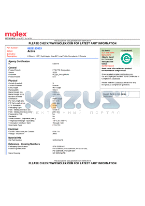 0022153033 datasheet - 2.54mm (.100) Right Angle, Non-ZIF, Low Profile Receptacle, 3 Circuits