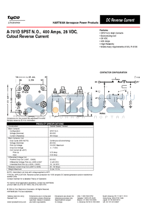 A-701D datasheet - A-701D SPST N.O., 400 Amps, 28 VDC, Cutout Reverse Current