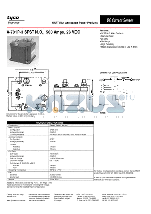 A-701P-3 datasheet - A-701P-3 SPST N.O., 500 Amps, 28 VDC
