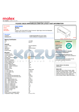 0022162222 datasheet - 2.54mm (.100) Pitch KK^ PC Board Connector, Right Angle, End-to-End Stackable, 0.80lm (30l) Gold (Au), 22 Circuits