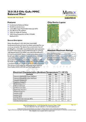 26BAM0545 datasheet - 20.0-38.0 GHz GaAs MMIC Balanced Mixer