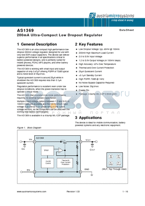 AS1369-BWLT-50 datasheet - 200mA Ultra-Compact Low Dropout Regulator