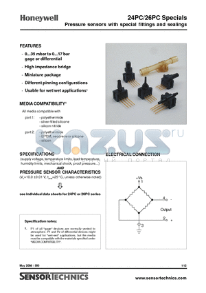 26PC0035D2BE datasheet - Pressure sensors with special fittings and sealings